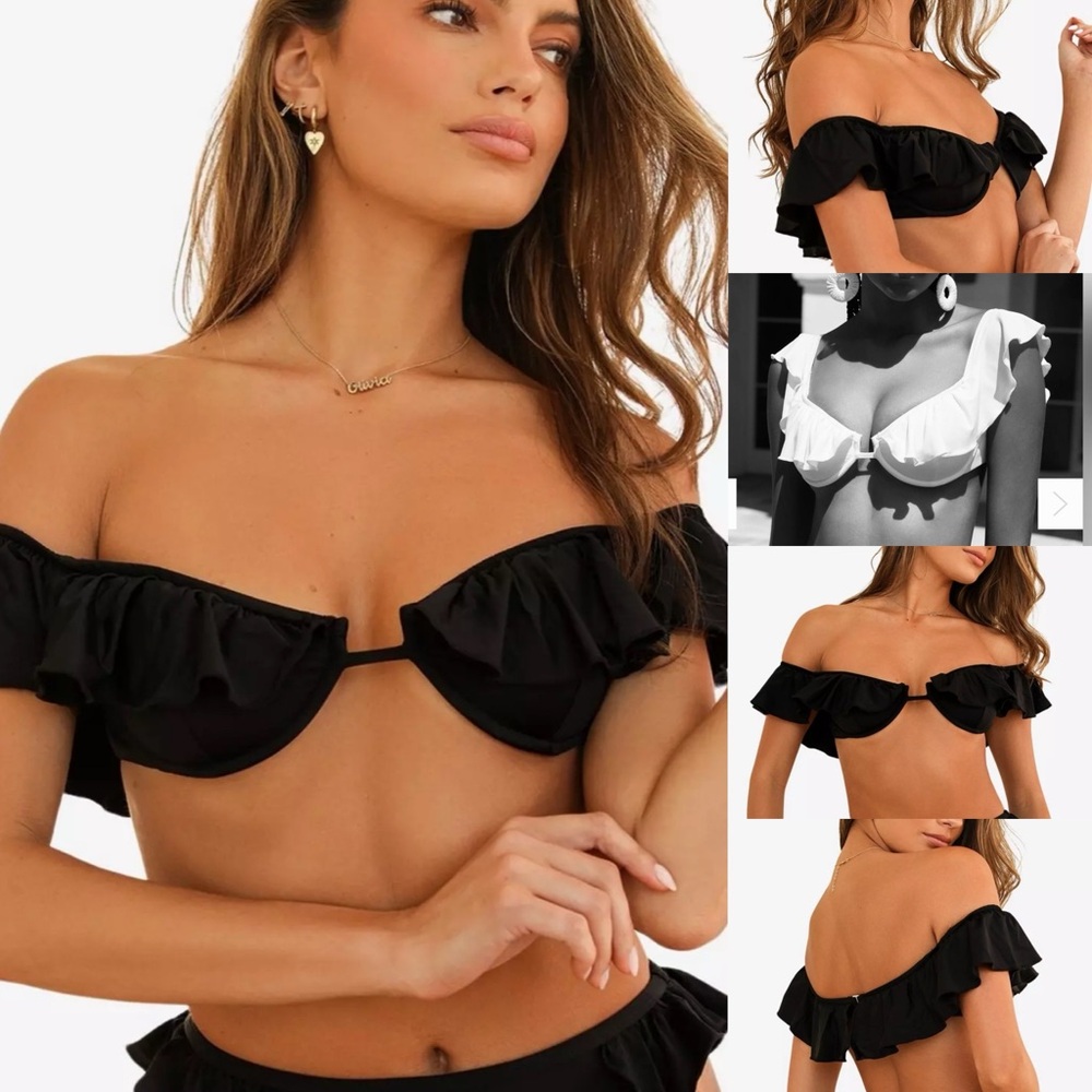 Dippin' Daisy's Black Ruffle Off-Shoulder Bikini Top